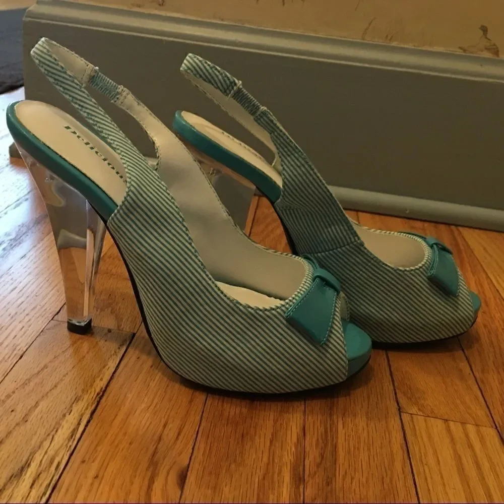 Turquoise white pin stripe slingback peeptoe heels